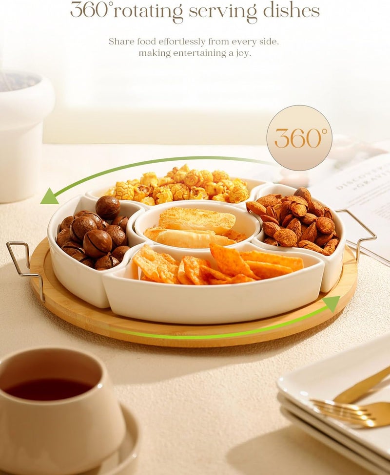 AISBUGUR Ceramic Divided Serving Dishes with Bamboo Tray,360° Rotatable Serving Bowls with Handles for Party,5 Removable Relish Tray,11.2 Inch Appetizer Serving Dish for Chips & Dip, Veggies, Candy & Snacks - Image 2